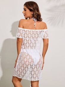 SHEIN Swim 1pc Off Shoulder See-Through Lace Cover Up Dress Wedding Summer - White - View 2