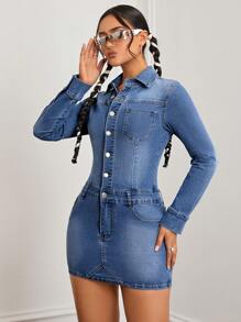 SHEIN ICON Long Sleeve Washed Denim Bodycon Dress