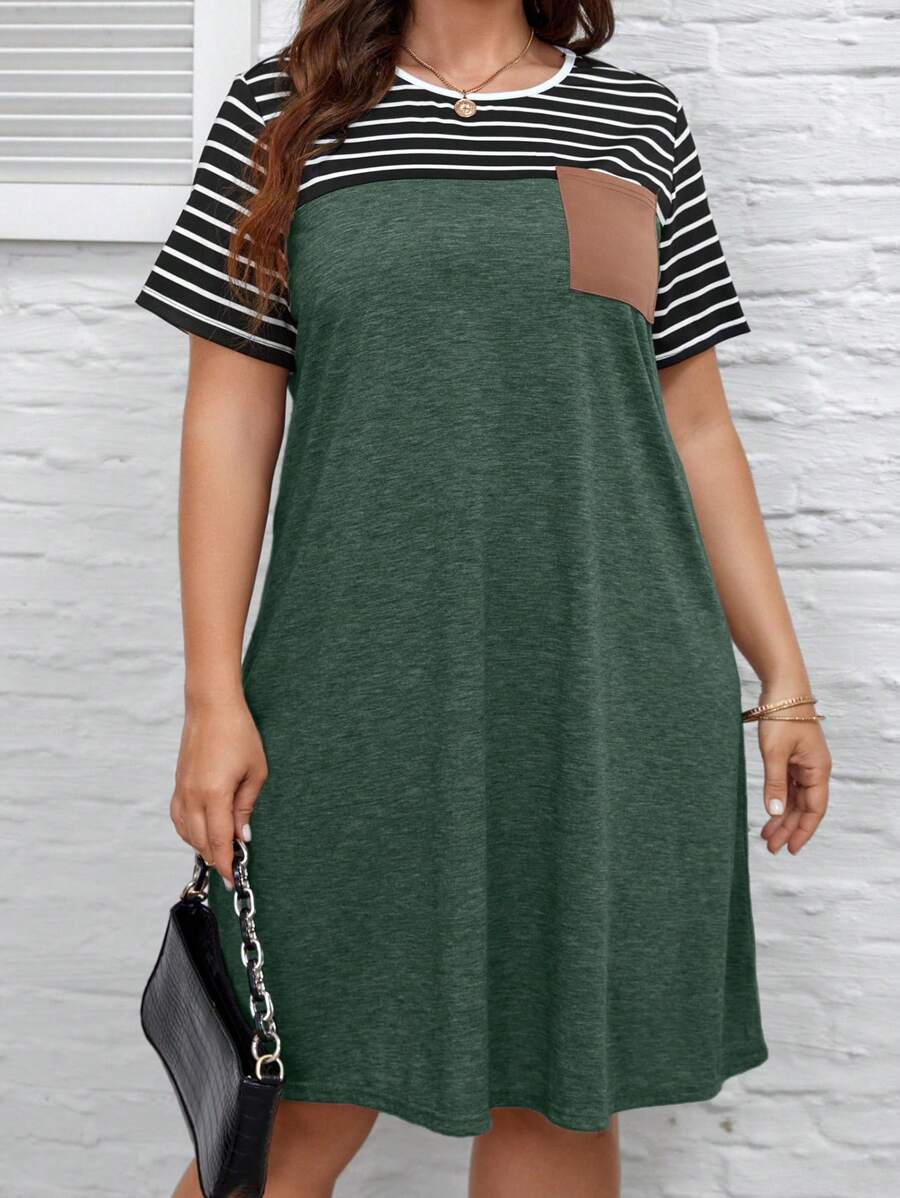 SHEIN LUNE Plus Size Summer Color Block Striped Patchwork Round Neck Tie Waist Pocket Daily Casual Mother Day Dress - Army Green - View 1