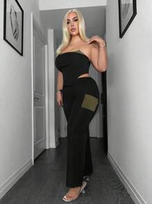 SHEIN SXY Plus Size Women's Contrast Color Side Pocket Cargo Pants - Black - View 3