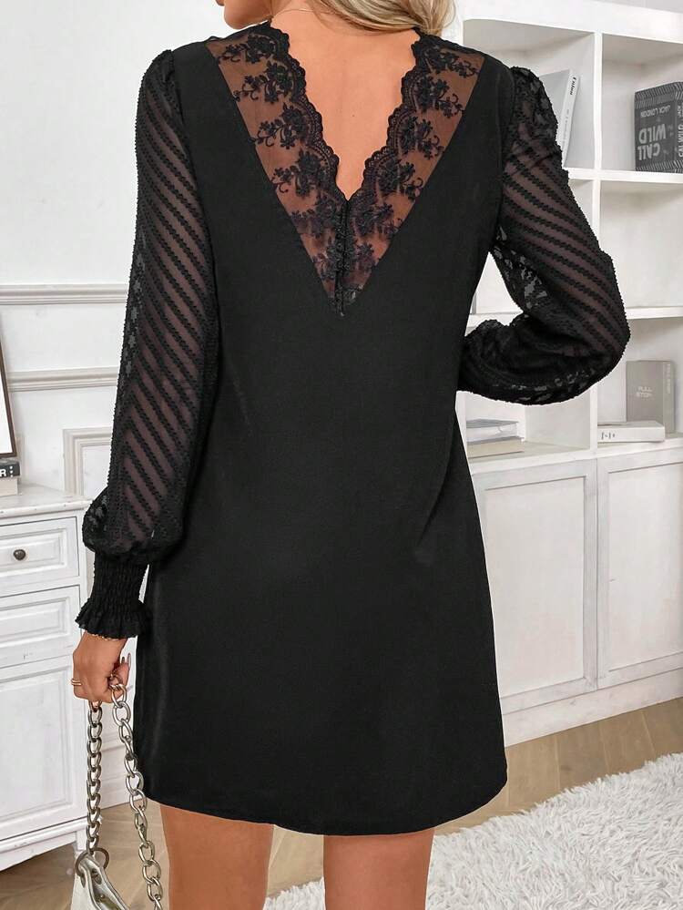 Lace Spliced Front And Back V-Neck Dress Winter Elegant Black Evening Dress