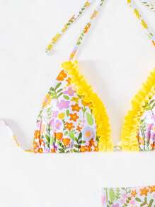 SHEIN Swim 花朵印花吊带比基尼套装带分体比基尼套装夏季海滩 - 彩色 - 查看 5
