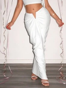 SHEIN SXY Valentine's Day V-Neck Low Waist Pleated Cocoon Style Skirt - White - View 3