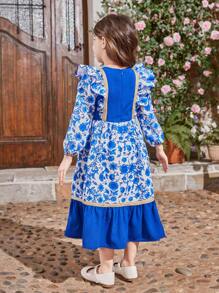 SHEIN Young Girl Floral Print Contrast Color Peter Pan Collar Ruffle Hem Long Sleeve Dress, Mommy And Me Matching Outfits (2 Pieces Sold Separately) - Blue - View 4