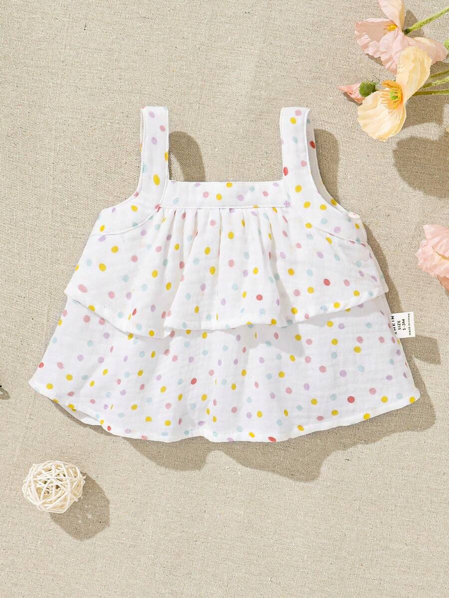 SHEIN Newborn Baby Girls' Polka Dot Patterned Camisole With Ruffle Trim