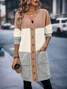 新款拼色長袖針織開衫,配有雙口袋 - 彩色 - 查看 6