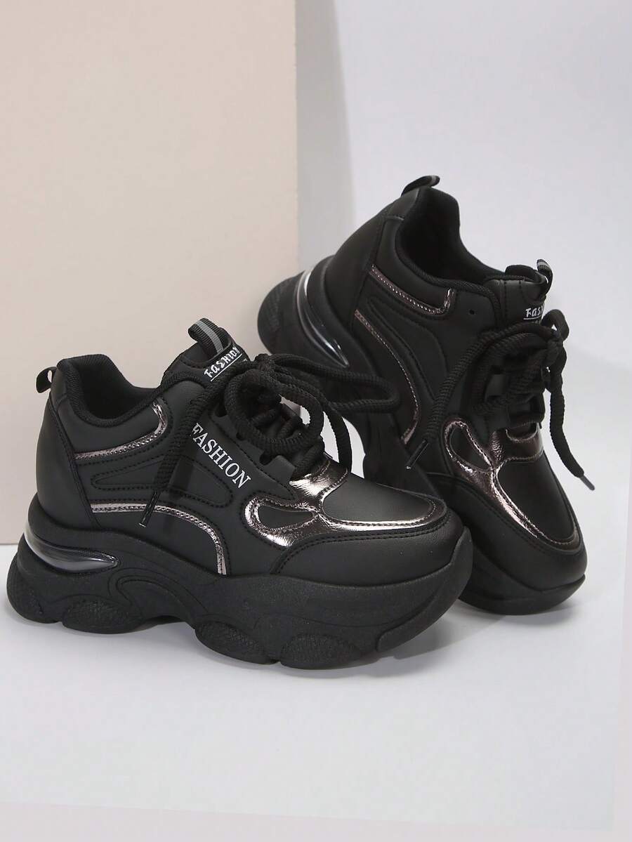 女式坡跟厚底運動鞋,新款,黑色,內部加高 - 黑色 - 查看 1