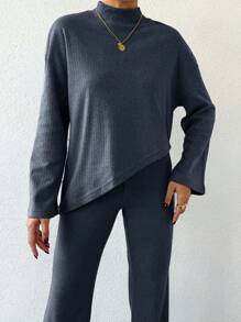 EURMUSE Ladies' Mandarin Collar Drop Shoulder Long Sleeve T-Shirt And Pants Two Piece Set - Dark Grey - View 4