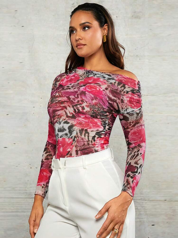 Red Animal Print Long Sleeve Asymmetric One Shoulder Gathered Mesh Bodycon Women's Bodysuit