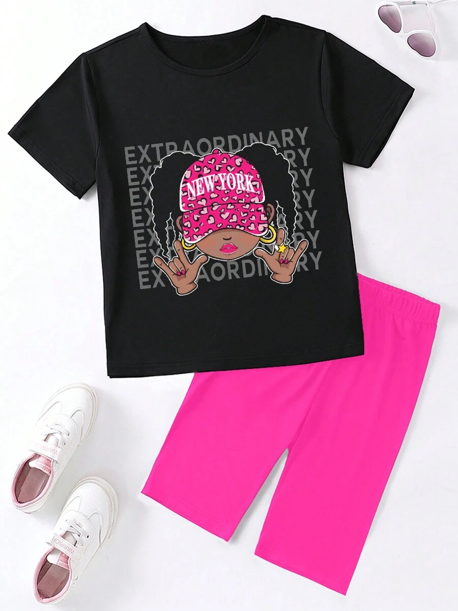 SHEIN Tween 女孩字母和人物印花短袖 T 恤和短褲套裝 - 玫紅色 - 查看 1
