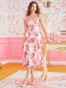 SHEIN MOD 女式荷叶边下摆花卉印花连衣裙 - 粉色 - 查看 1