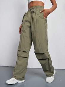 SHEIN Unity Của phụ nữ Xếp li Trở viền Dài Quần - xanh quân đội - Xem 5