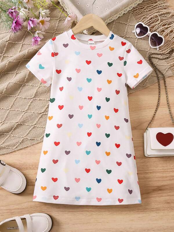 SHEIN Young Girl Colorful Lovely Heart Print Short Sleeve Dress, Fun And Suitable For Summer Outdoor Activities, A Burst Of Colors, Bright And Cheerful, Comfortable To Wear,Holiday,Summer,Travel