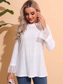 CheersLife Solid Color Long Sleeve Jacquard Knit Loose Casual T-Shirt - White - View 1