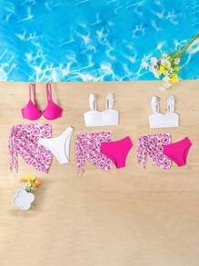 SHEIN Young Girl Heart Flower Patterned Bikini Set 3-Piece Set, Fashionable Vacation Beachwear, Mommy And Me Matching Outfits (3 Sets Sold Separately) Summer Beach - Multicolor - View 3
