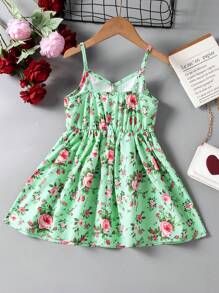 Young Girl Flower Printed Spaghetti Strap Dress