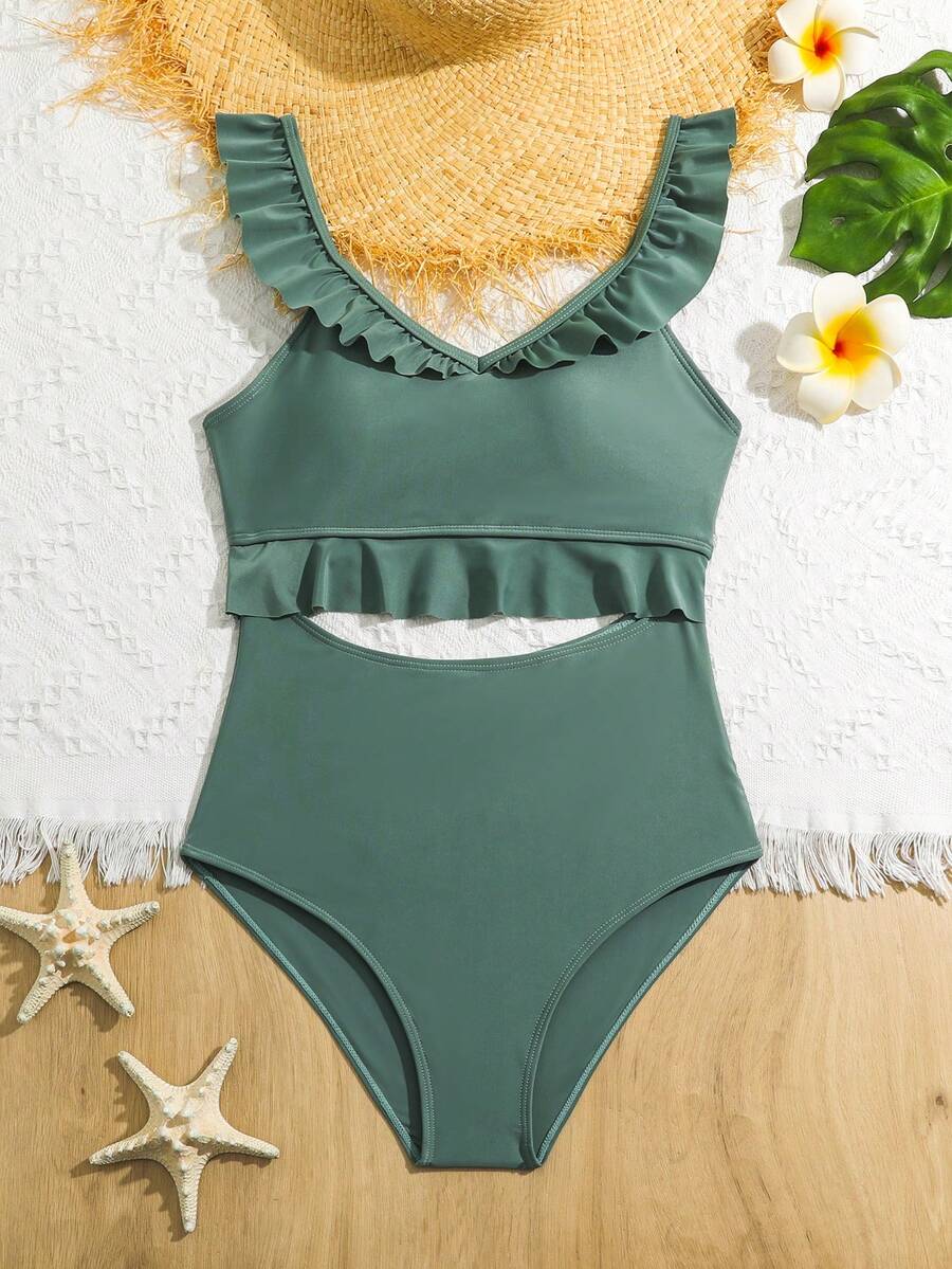 Teen Girl's Ruffled Trim & Hollow Out One-Piece Swimsuit - Army Green - View 1