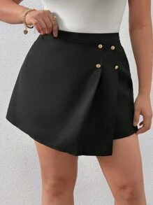 SHEIN Privé 大碼女性優雅不對稱襯裙式、金屬鈕扣雙排裝飾、彈性腰帶短裙 - 黑色 - 查看 1