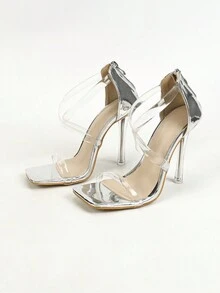 女式高跟涼鞋,銀色方跟鑲嵌水晶裝飾和後拉鍊,時尚多用途的派對和浪漫場合穿的鞋子 - 銀色 - 查看 7