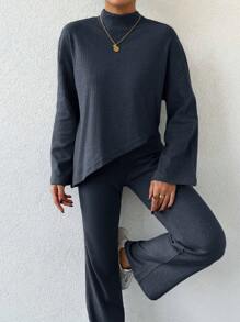 EURMUSE Ladies' Mandarin Collar Drop Shoulder Long Sleeve T-Shirt And Pants Two Piece Set - Dark Grey - View 1