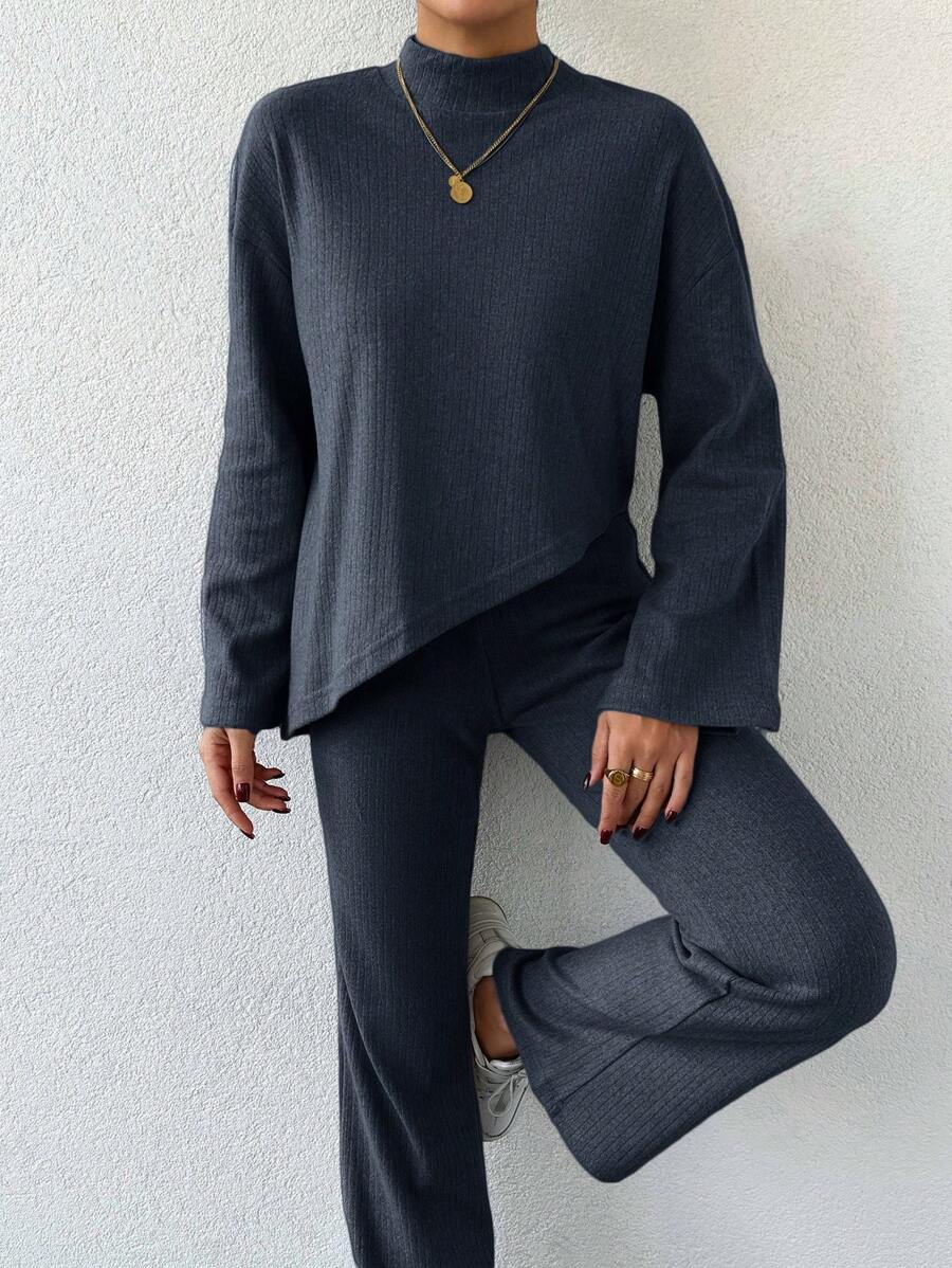 EURMUSE Ladies' Mandarin Collar Drop Shoulder Long Sleeve T-Shirt And Pants Two Piece Set - Dark Grey - View 1