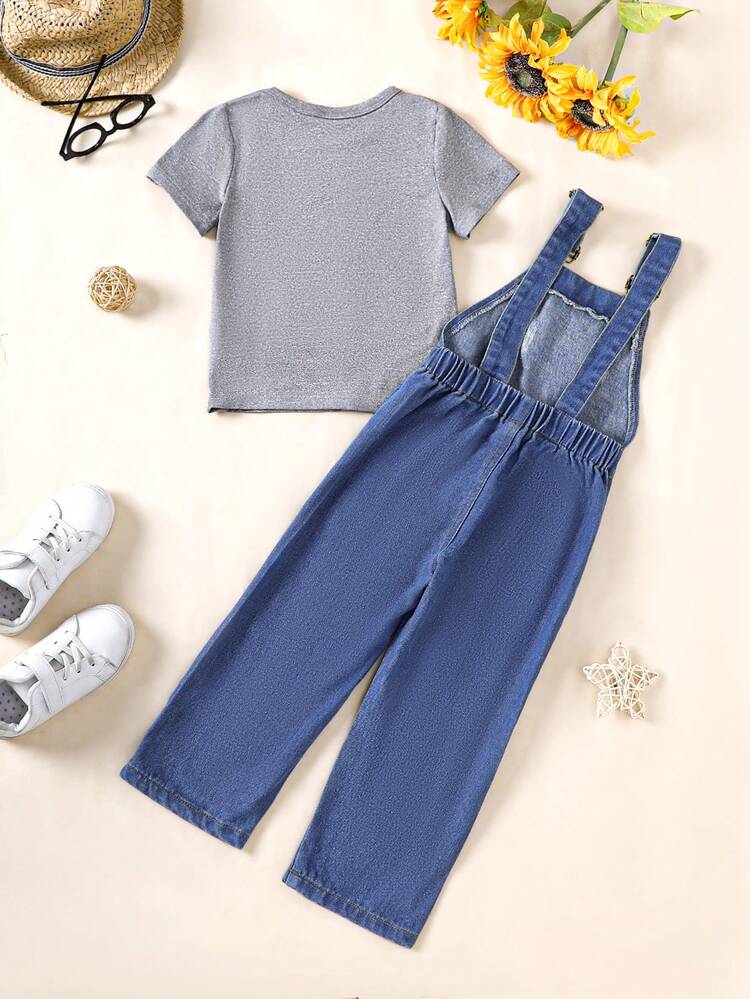 Toddler Girls' Sunflower Pattern T-Shirt And Denim Overall Set For Holiday