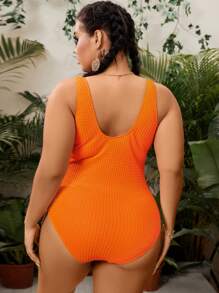 SHEIN Swim Curve Plus Size Summer Beach Textured One-Piece Swimsuit Bathing Suit - Orange - View 2