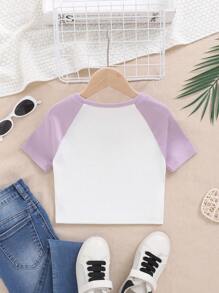SHEIN Tween Girl Dinosaur Printed Color Block Raglan Sleeve Vacation & Casual T-Shirt - Mauve Purple - View 2