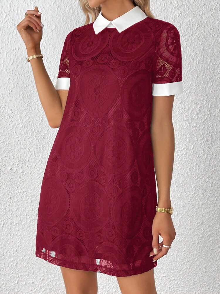 Women's Colorblock Lace Dress With Contrast Collar And Cuff