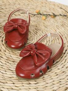 防滑防水公主風格中空花卉設計兒童平底鞋,柔軟舒適,適合女孩 - 酒紅色 - 查看 4