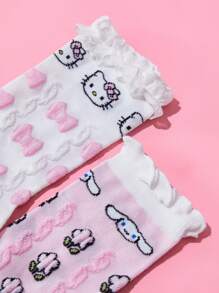 HELLO KITTY AND FRIENDS | SHEIN 2 Pasang Kaos Kaki Anak-Anak Katun Lembut dan Menyerap dengan Motif Kartun Lucu dan Hiasan Renda, Panjang Setengah Betis - MultiWarna - View 2