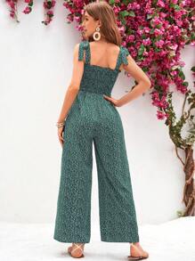 SHEIN VCAY Women's Vacation Style Ditsy Floral Print Spaghetti Strap Jumpsuit - Green - View 2