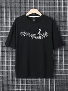 Camiseta De Manga Corta Para Hombre Con Estampado De Notas Musicales - Negro - Ver 1