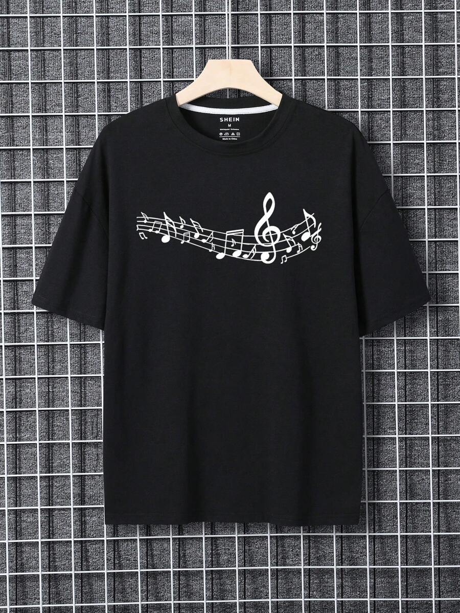 Camiseta De Manga Corta Para Hombre Con Estampado De Notas Musicales - Negro - Ver 1