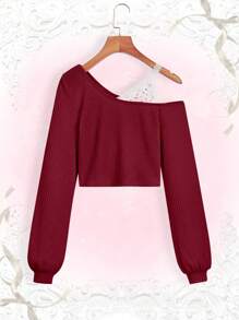 ROMWE Kawaii Camiseta de manga larga con cuello asimétrico y encaje de contraste para mujer, escuela