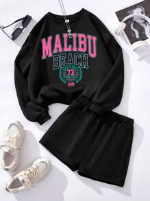 SHEIN 大少女們的休閒字母印花圓領長袖衫和短褲套裝,適合秋冬季節穿著 - 黑色 - 查看 2