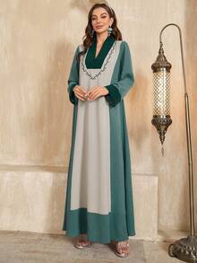 Women's V-Neck Embroidered Applique Decor Contrast Cuff & Collar, Color Block Fabric Elegant Long Sleeve Dress, Suitable For Daily, Casual, Holiday Occasions - Multicolor - View 5