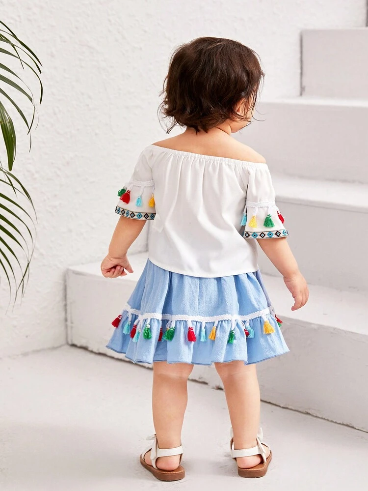 Baby Girls' Geometric Print Shoulder Flare Sleeve Top And Flare Hem Skirt Set