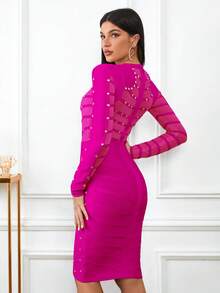 新款女士經典性感優雅串珠網紗束身裙,適合鴨尾酒派對或正式場合 - 中紫紅色 - 查看 3