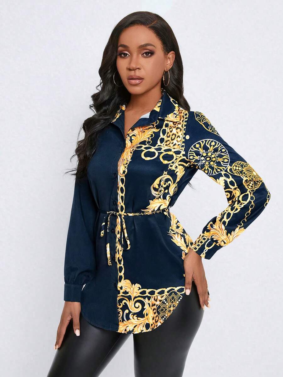 SHEIN Privé Long Sleeve Belted Shirt - Multicolor - View 1