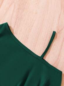 SHEIN Vestido com Ombro Único, Manga Curta, Babado e Saia de Tule com Cinto, Verde, para Meninas Jovens