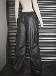 SHEIN BAE Quần dài bằng da cổ điển có đau khổ được giặt bằng da thẳng có túi 3d - màu đen - Xem 2