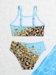 Young Girl Leopard Print Splice Bikini Set Summer Beach - Multicolor - View 2
