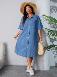 Breezaya Plus Size Denim Shirt Dress With Side Slits - Medium Wash - View 5