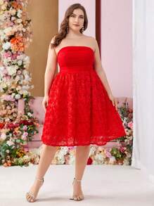 SHEIN Belle Women's Plus Size Red Strapless Flowing Mesh Spliced ​​Three-Dimensional Floral Fabric Dark Opium Style Babydoll Dress Graduation Party Dress Music Festival Dress Cocktail Party Dress - Red - View 5