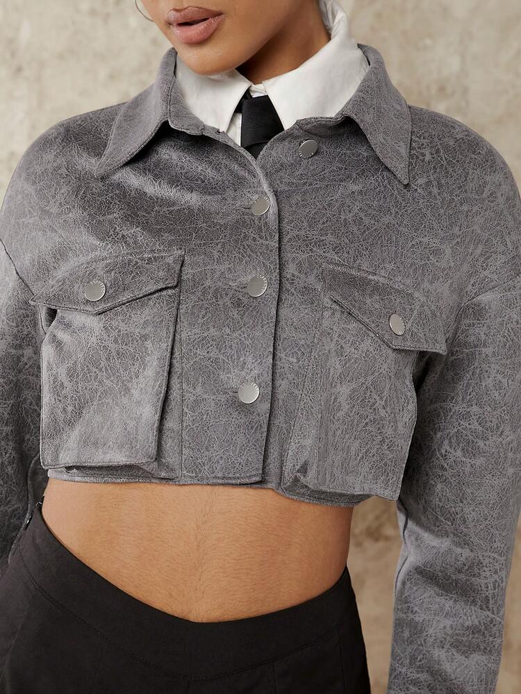Flap Pocket Drop Shoulder Crop Jacket