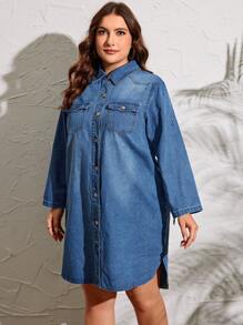 SHEIN LUNE 大码女式不对称下摆牛仔衬衫裙 - 淺色水洗藍 - 查看 3