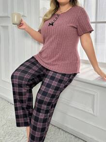 Plus Size Women's Round Neck Short Sleeve T-Shirt And Plaid Lounge Pants Pajama Set