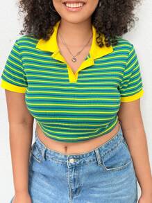 CovetEZ 大尺寸 V 領條紋短版 T 卹 - 彩色 - 查看 1