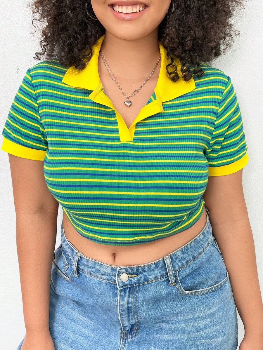 CovetEZ 大尺寸 V 領條紋短版 T 卹 - 彩色 - 查看 1